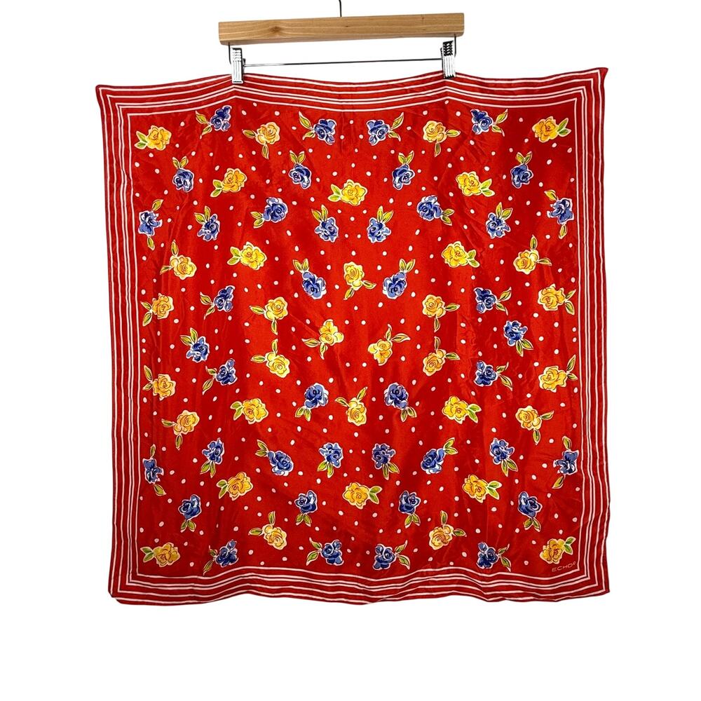 Vintage Echo Red Floral Polka Dot Silk Scarf
